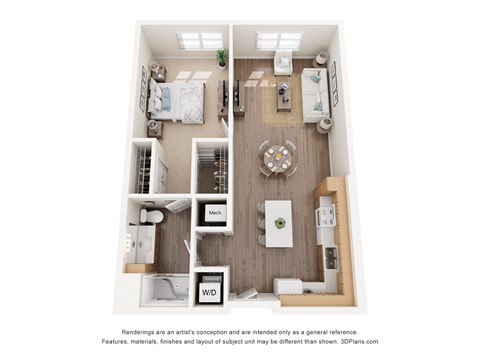 Floor plan for 1 bed, 1 bath, 788 sqft